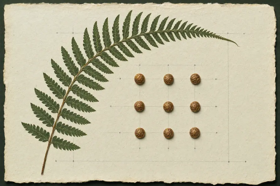 Pressed fern curving around nine copper seed specimens arranged in a calibration grid